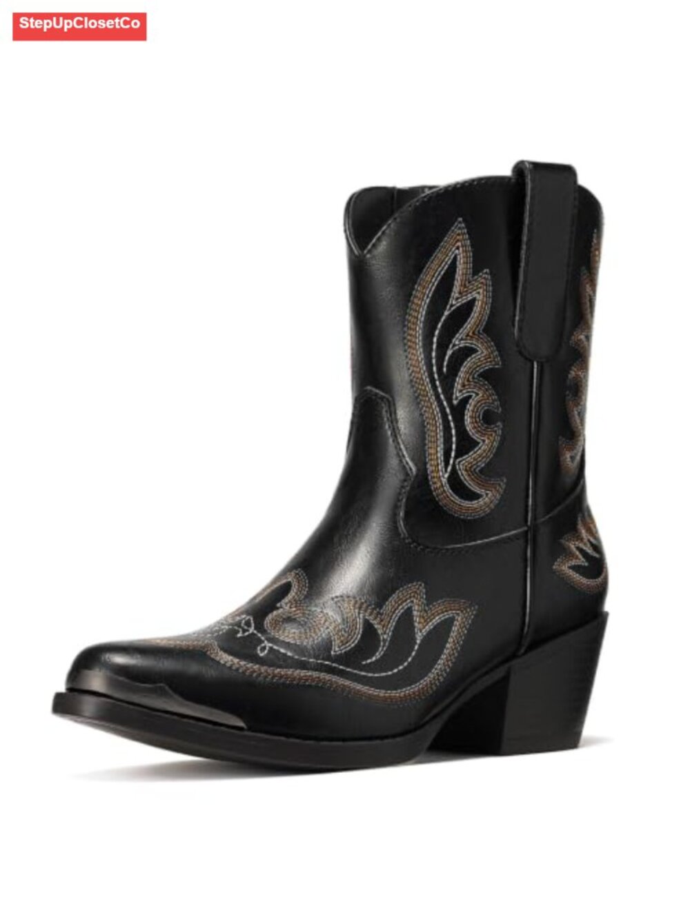 Western Ankle Cowboy Boots Snip Toe Side Zipper Chunky Heel